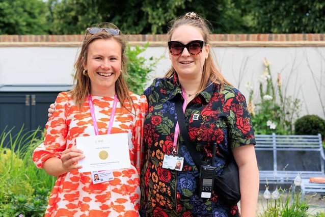 Zoe Claymore gets a Gold medal from Natalie Gearing at RHS Hampton Court Palace Garden Festival 2024