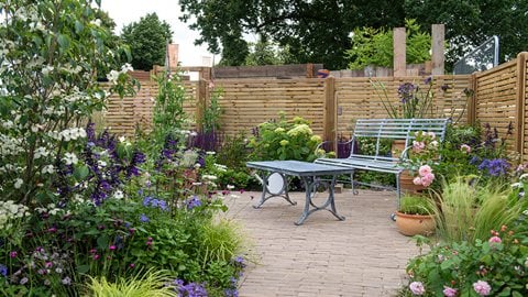 A soft powder-blue metal bench echoes the colour of the planting, which includes many blue and purple blooms