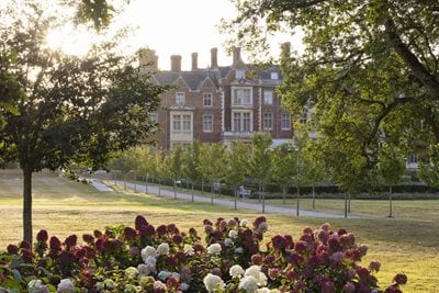 Sandringham house with hydrangeas in foreground