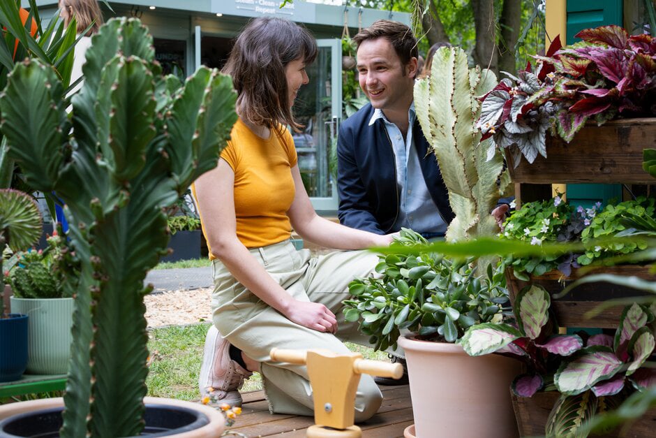 Man and a woman chat while looking at houseplants