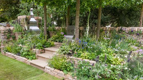With its tiered construction, formal layout and central arbour of trained lime trees, this romantic garden features lavish planting and a contemporary water feature.