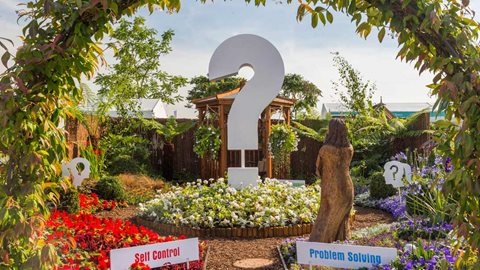 The central circular bed with its focal point question mark is filled with white begonias and geraniums while the cool calm green fern- filled area beyond represents positive relationships and feature