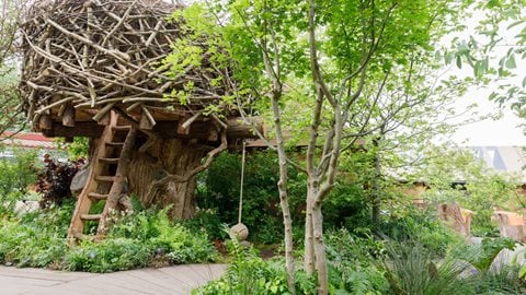 This woodland-inspired space includes plenty of opportunity for exploring, from the huge nest-like tree house to a fallen tree perfect for the adventurous to clamber through