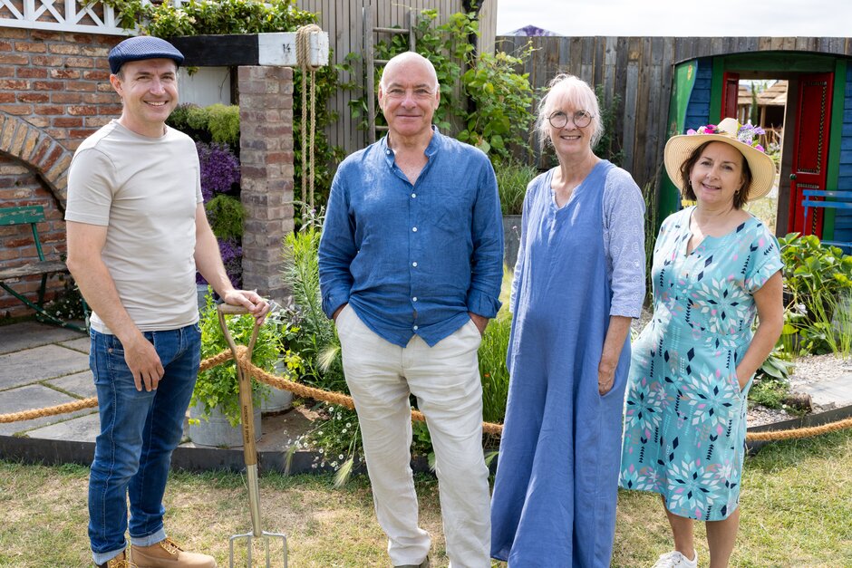 Designers of the RHS and BBC Local Radio Planet-Friendly Garden pose with the garden and mentor Lee Bestall
