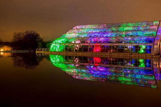 The Glasshouse lit as part of Wisley Glow