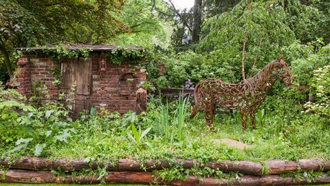 A verdant but overgrown paddock filled with native plants and featuring a decrepit stable is the setting for this garden with a moving story.