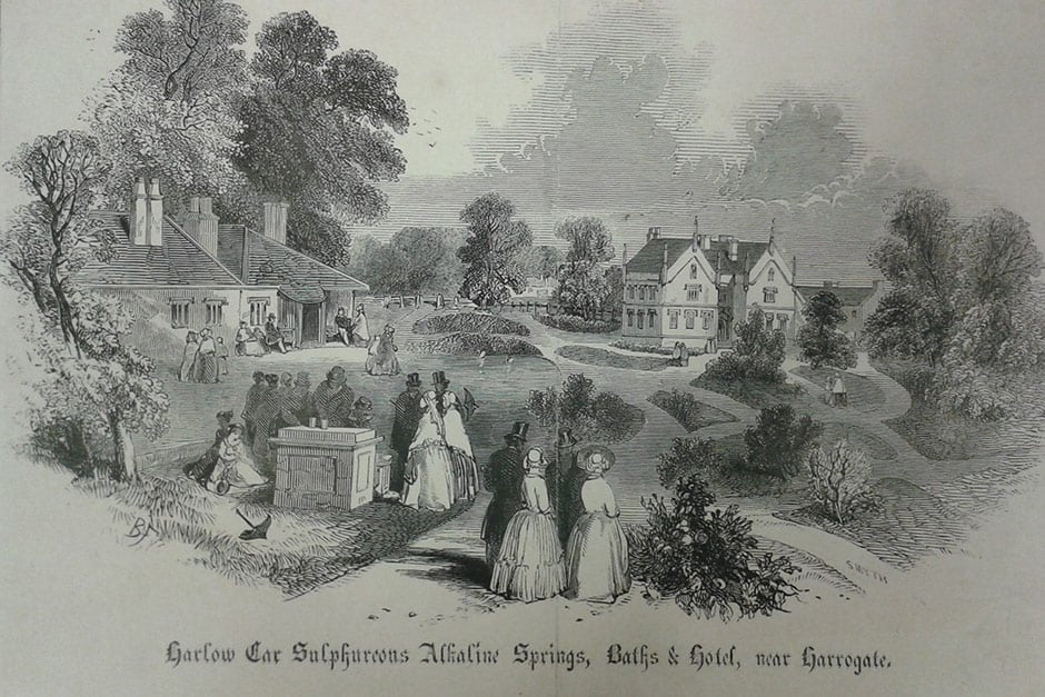 Engraving showing the Harrogate Arms, Bath House and gardens, c. 1857