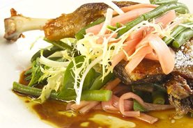 Delicious duck confit with rhubarb and beans