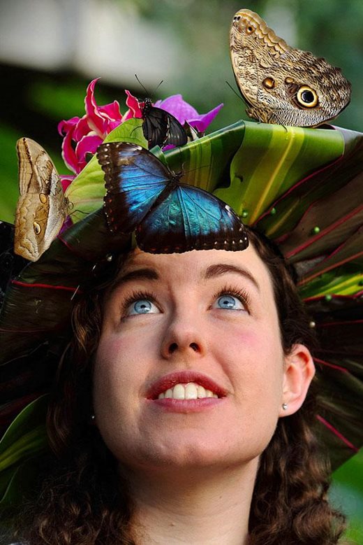 Anna Platoni poses with Blue Morpho and Owl (r) butterflies on a floral hat