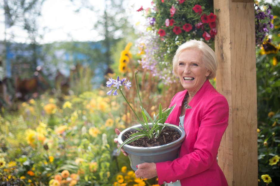 Mary Berry with a pot of agapanthus at RHS Hampton Court Palace Garden Festival