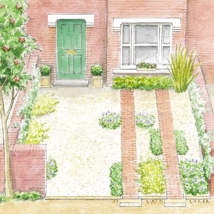 The terraced house is a familiar feature of many of our towns and cities, but its front garden is small and needs careful planning to maximise space. To keep the hard surfaces to a minimum, create just two paved tracks to take the car wheels. The rest of the area can be covered with permeable plastic membrane to suppress weeds, then topped with gravel. By simply cutting through the membrane, you can then grow plants that will spill over the gravel. 