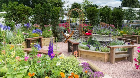 Designed to show the beneficial role of plants on people with dementia and other mental health issues, this space has an energising mix of colours