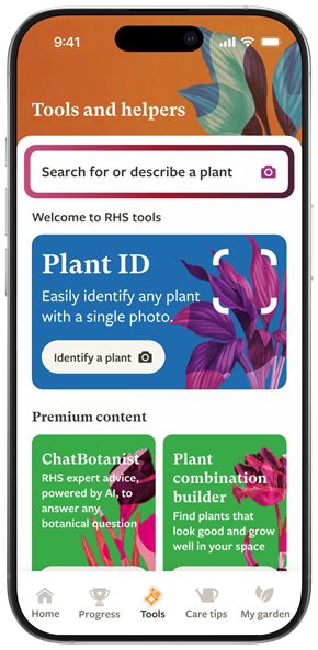 Screenshot showing RHS Grow tools including plant identification.
