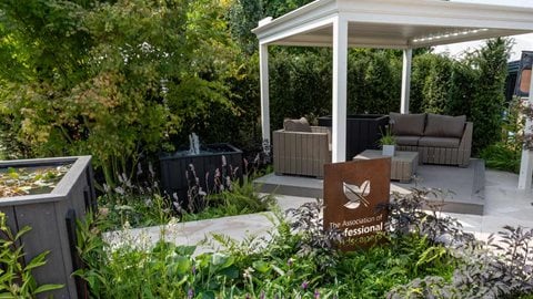 A perfect serene and shaded space set against the sound of water