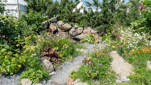 Created around an impressive bolder waterfall and pool, inspired by the landscapes and gardens of Oregon, featuring naturalistic planting and incorporating several fruit plants