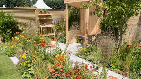 A garden of simple, clean lines featuring an unusual asymmetric layout and a mix of fiery, largely herbaceous planting, chosen largely to attract pollinating insects