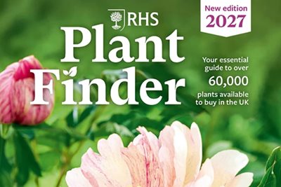 The cover of RHS Plant Finder 2027, featuring a pale pink peony