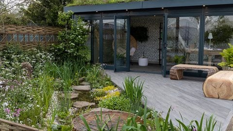 Riotous riverside planting provides a spring spectacle. Marsh marigolds and water forget-me-not inhabit the damper areas while ragged robin and cow parsley sway gently elsewhere.