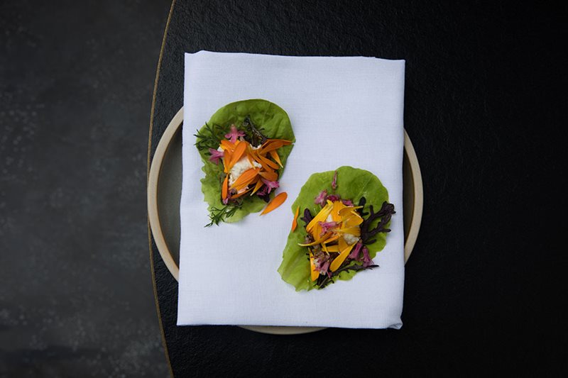 Taco of wild leaves, sheep’s milk cheese, sunflower seed praline and wild flowers