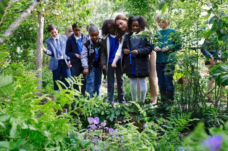 HRH Duchess of Cambridge with children on RHS Back to Nature Garden