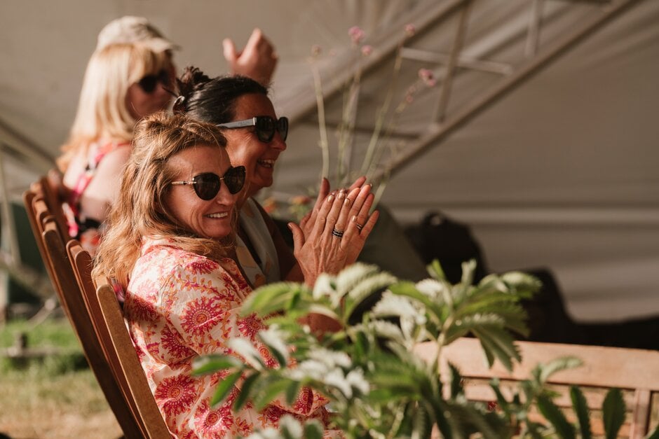 Visitors listening to music