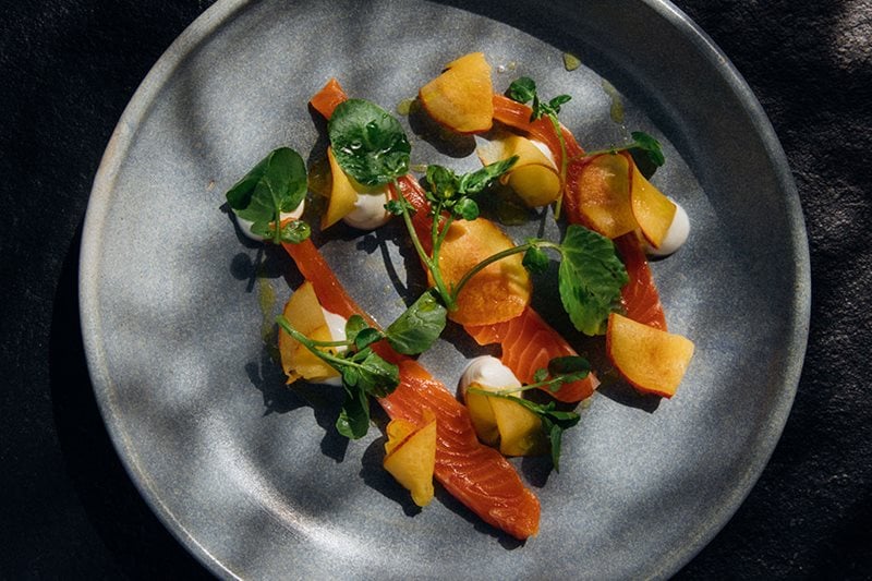 Lightly cured trout, yoghurt, peach and watercress