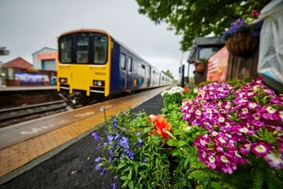 A train passing a vibrant floral display on a station platform