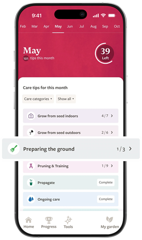 Screenshot showing personalised care reminders and expert gardening advice.