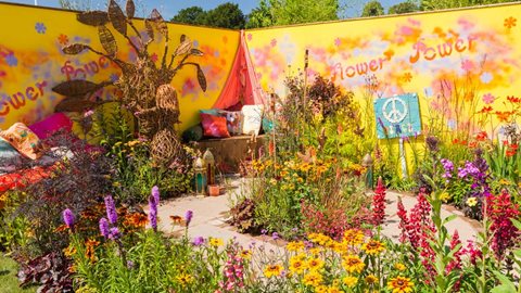 Colourfully clashing planting is placed around dusky red circular brick paving