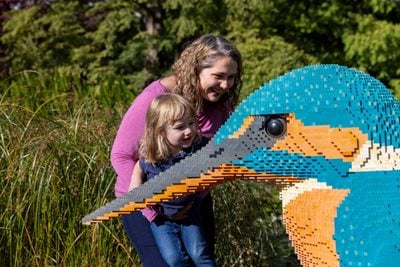 A mother and child enjoying the Brick Explorers trail at RHS Harlow Carr