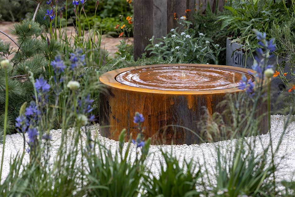 Water feature and planting combinations in the Vitamin G Garden