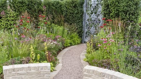 A garden with an end-of-summer feel that's packed with perennials, encouraging visitors to leave plants in place over winter to witness and appreciate the structural changes of the space.