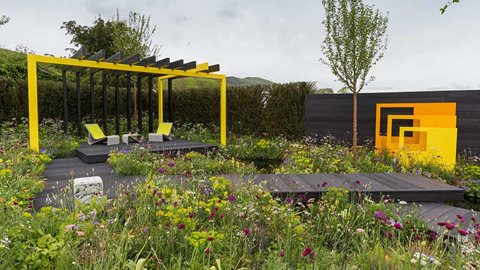 The matrix of planting with a rich mix of pinks, yellows, reds and blues brighten the overall feel of the garden