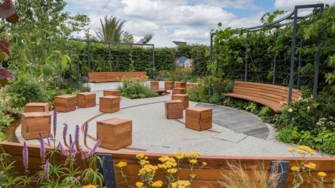 Wellbeing is at the heart of this cleverly designed garden, with cube seating that can be re-configured to encourage multiple uses when it is relocated as a community garden