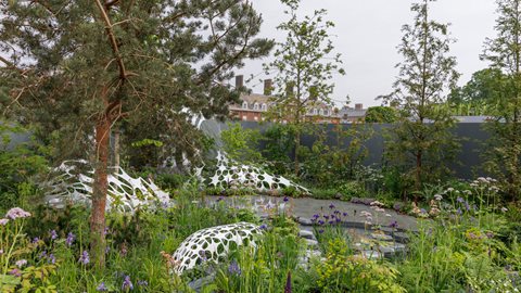 A green space in the heart of an industrialised landscape, this lovely garden flows around an undulating white sculpture, against a backdrop of trees chosen for their resilience to climate change