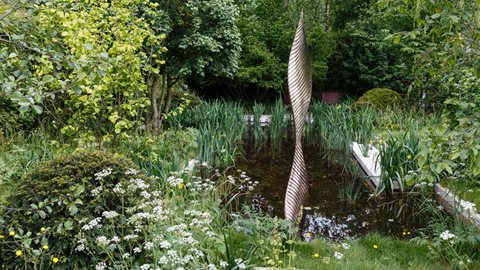 Chelsea first-timer Andrew Duff brings a natural style to his garden, featuring woodland and meadow-style planting that surrounds a central expanse of water complete with a bronze-coloured sculpture