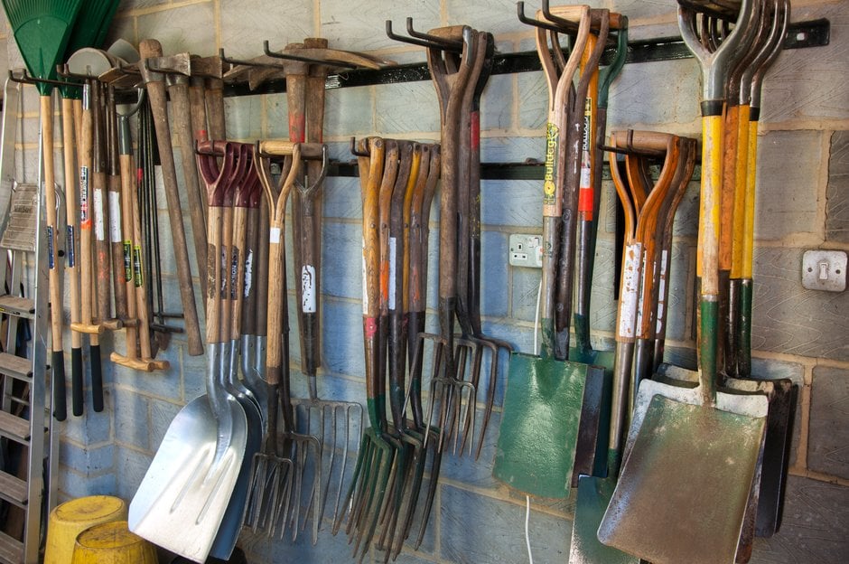 Spades, shovels and forks, cleaned and dried after use, and stored undercover