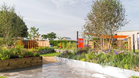 In a view through to the back area of the garden a row of <em>Miscanthus</em> grasses is used to form a lovely informal and dynamic hedge which sways gently in the breeze.